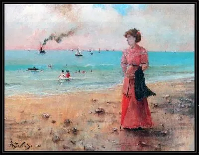 Картина Девушка с красным зонтиком у моря