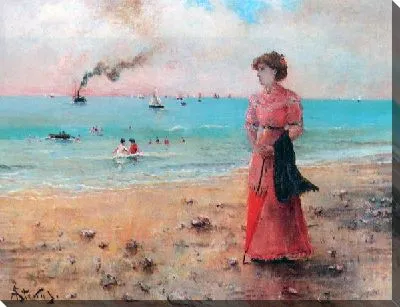 Девушка с красным зонтиком у моря