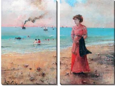 Девушка с красным зонтиком у моря