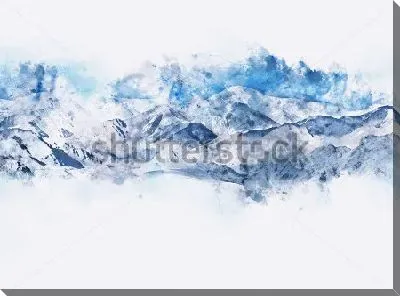 Картина маслом Холодный пейзаж с заснеженными горами - акварельная композиция в оттенках синего и голубого цвета