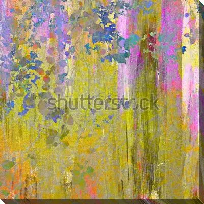 Картина маслом Красочная композиция с листьями и ветками на сиренево-зелёном фоне