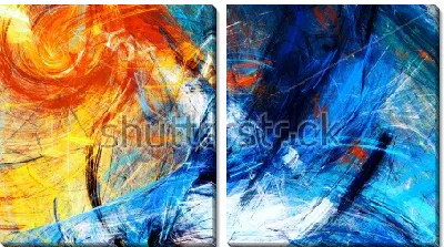 Динамичная композиция с иллюзией движения фракталов в оттенках синего и оранжевого цвета