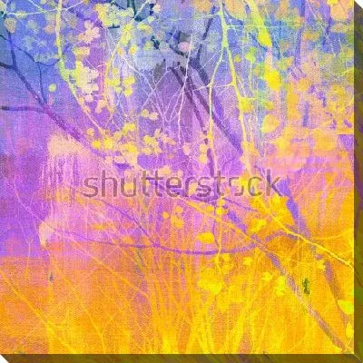 Картина маслом Красочный утренний пейзаж с ветками и листьями в золотых лучах солнца