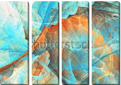 Модульная картина Яркая контрастная композиция с иллюзией вихревого движения фракталов в оттенках синего и яркого оранжевого цвета