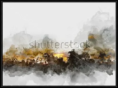 Абстрактный пейзаж с золотым закатом в лесу на фоне высоких гор в тумане