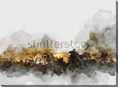 Абстрактный пейзаж с золотым закатом в лесу на фоне высоких гор в тумане