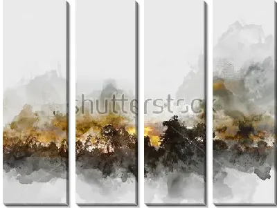 Абстрактный пейзаж с золотым закатом в лесу на фоне высоких гор в тумане