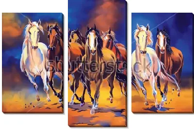 Модульная картина Семь бегущих лошадей на фоне синих и оранжевых клубов дыма