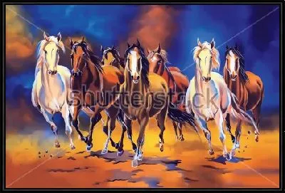 Семь бегущих лошадей на фоне синих и оранжевых клубов дыма