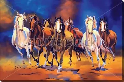 Семь бегущих лошадей на фоне синих и оранжевых клубов дыма