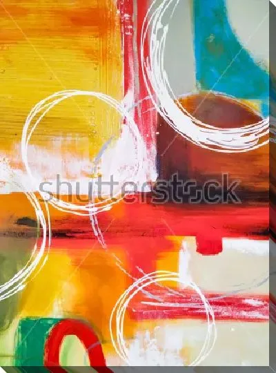 Картина маслом Яркая цветовая композиция с белыми кругами и красными полосами