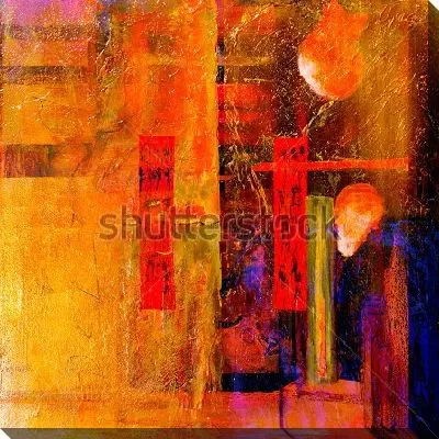 Картина маслом Яркая композиция в оттенках оранжевого и красного цвета с синими пятнами