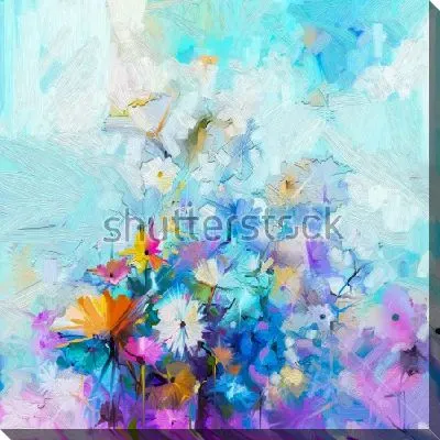 Картина маслом Светлый натюрморт с полевыми цветами на голубом фоне