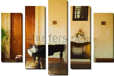 Модульная картина Гостиная с роялем и камином