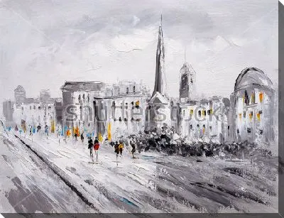 Картина маслом Монохромный пейзаж улицы старинного городка с яркими динамичными пятнами красного и жёлтого цвета