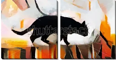 Модульная картина Чёрный кот крадётся по забору - яркая абстрактно-геометрическая композиция