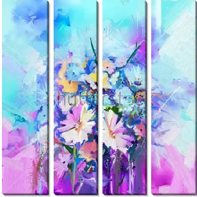 Модульная картина Букет полевых цветов на пурпурно-голубом фоне