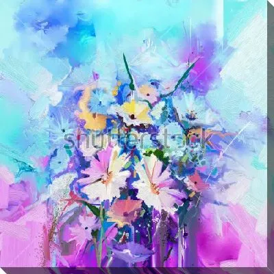 Картина маслом Букет полевых цветов на пурпурно-голубом фоне