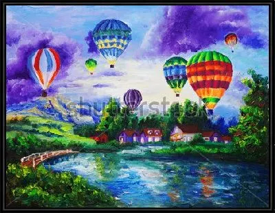 Пейзаж с яркими разноцветными воздушными шарами над домиками у озера