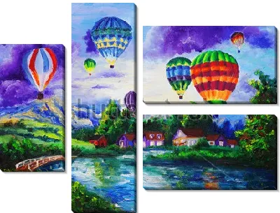 Пейзаж с яркими разноцветными воздушными шарами над домиками у озера