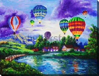 Пейзаж с яркими разноцветными воздушными шарами над домиками у озера