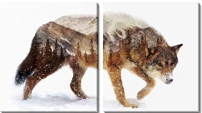 Модульная картина Красивый пейзаж с горами и лесами в силуэте волка на снегу