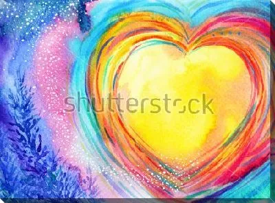 Постер Яркая композиция с жёлтой Луной в форме сердца с радужным свечением