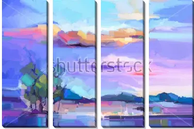 Сиреневый пейзаж с красивым небом, горами и островком с деревьями посреди озера