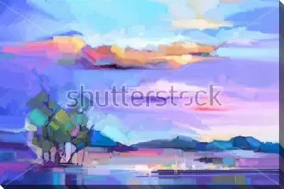 Сиреневый пейзаж с красивым небом, горами и островком с деревьями посреди озера