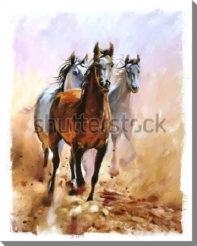 Картина маслом Три скакуна в клубах дорожной пыли из-под копыт