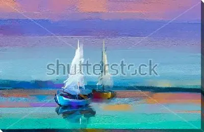 Постер Вечерний пейзаж с парусниками на море