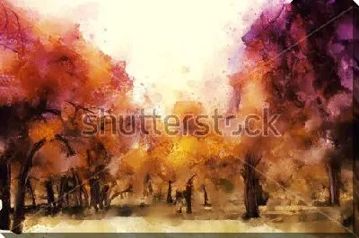 Картина маслом Осенний лес - композиция в оттенках фиолетового и оранжевого цвета