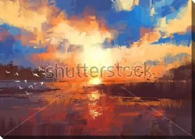 Картина маслом Золотой закат на озере со стаей белых уток