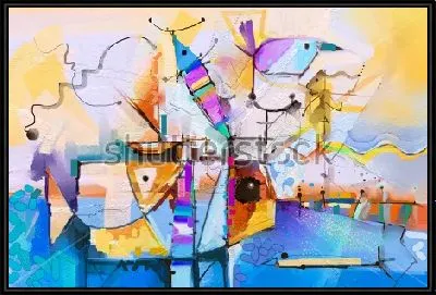 Картина Яркая абстрактная композиция с различными геометрическими элементами, цветовыми акцентами и причудливыми животными