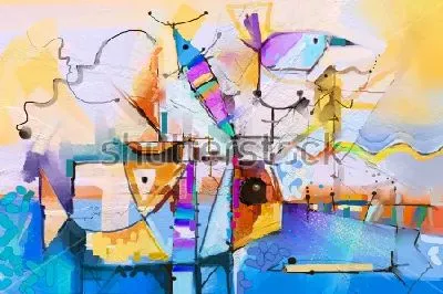 Плакат Яркая абстрактная композиция с различными геометрическими элементами, цветовыми акцентами и причудливыми животными