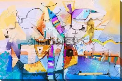 Постер Яркая абстрактная композиция с различными геометрическими элементами, цветовыми акцентами и причудливыми животными