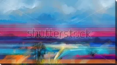 Картина маслом Яркий пейзаж с красивым пурпурно-синим небом, голубым морем и силуэтами деревьев на берегу