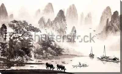 Картина маслом Тонкий монохромный пейзаж тушью и акварелью с горами в тумане, лесом, озером, пасущимися коровами и лодками на озере