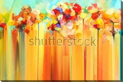 Картина маслом Яркая цветочная композиция на полосатом фоне в оттенках оранжевого и жёлтого цвета 