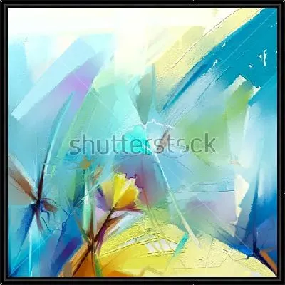 Динамичная композиция в оттенках голубого, фиолетового и зелёного цвета с ярким жёлтым цветком