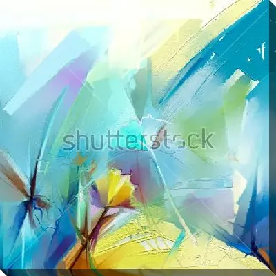 Динамичная композиция в оттенках голубого, фиолетового и зелёного цвета с ярким жёлтым цветком