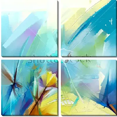 Динамичная композиция в оттенках голубого, фиолетового и зелёного цвета с ярким жёлтым цветком