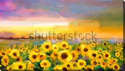 Картина маслом Поле подсолнухов на фоне красивого заката