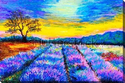 Картина маслом Яркий пейзаж с лавандовым полем и красивым золотым закатом