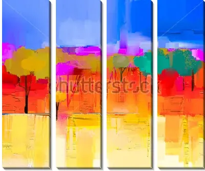 Модульная картина Яркий абстрактный пейзаж в оттенках алого, оранжевого, синего, сиреневого и жёлтого цвета