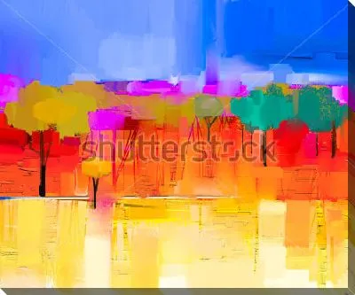 Картина маслом Яркий абстрактный пейзаж в оттенках алого, оранжевого, синего, сиреневого и жёлтого цвета