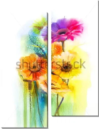 Модульная картина Яркий букет разноцветных гербер на сине-зелёном фоне