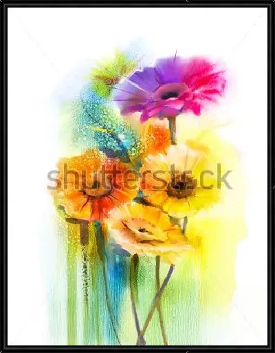 Картина Яркий букет разноцветных гербер на сине-зелёном фоне