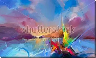 Картина маслом Яркий абстрактный пейзаж с закатом на море и ярким парусником