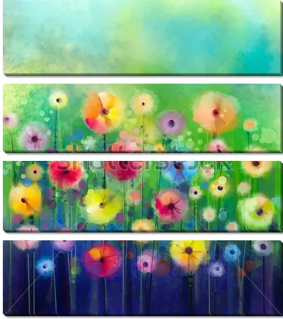 Модульная картина Разноцветные полевые цветы на светлом зелёно-голубом фоне